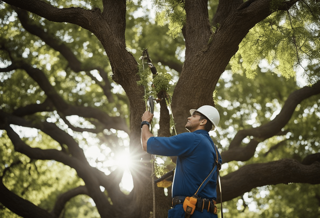 Arborist trimming a tree under sunlight, highlighting the importance of tree health assessments in Fort Worth to ensure safety, vitality, and long-term tree health.
